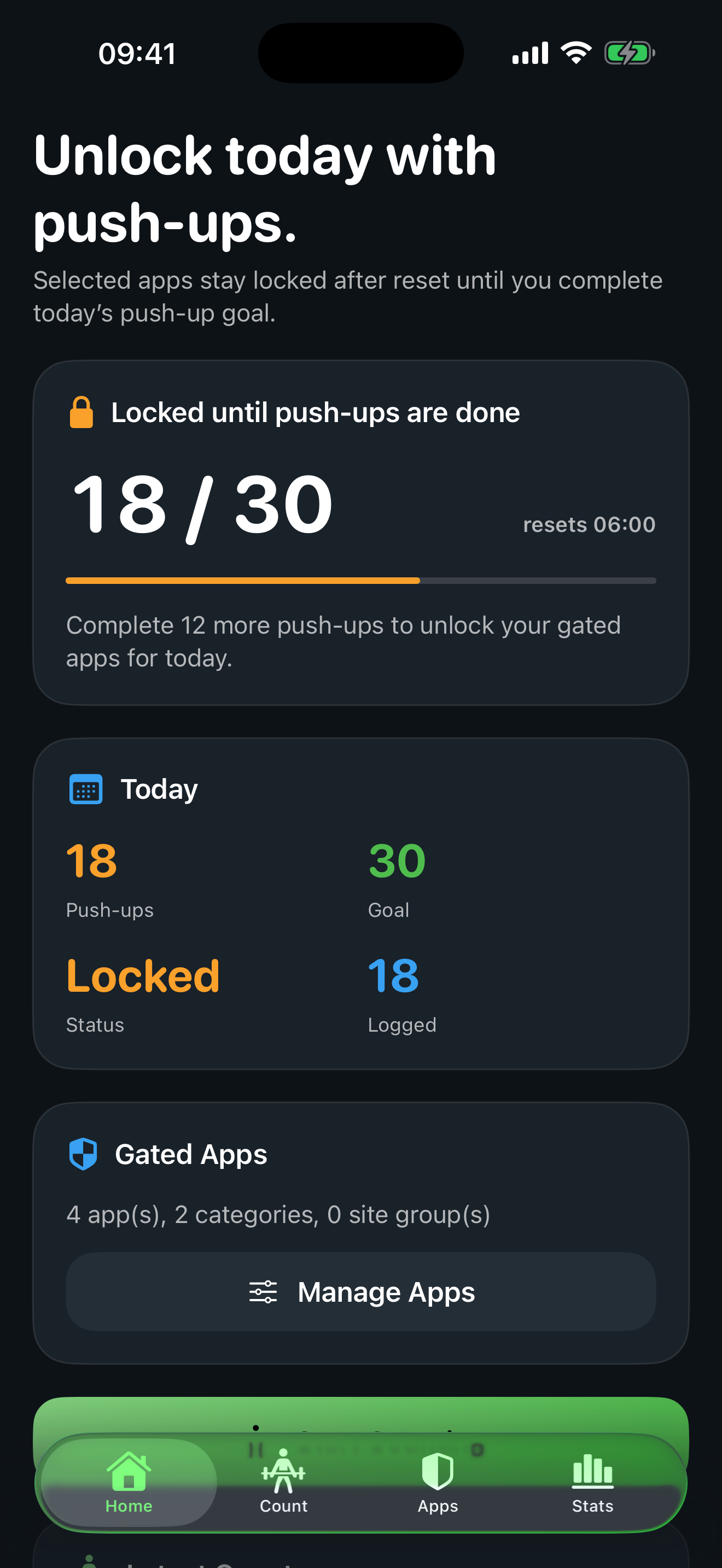 ScreenAttack home screen showing daily gate progress