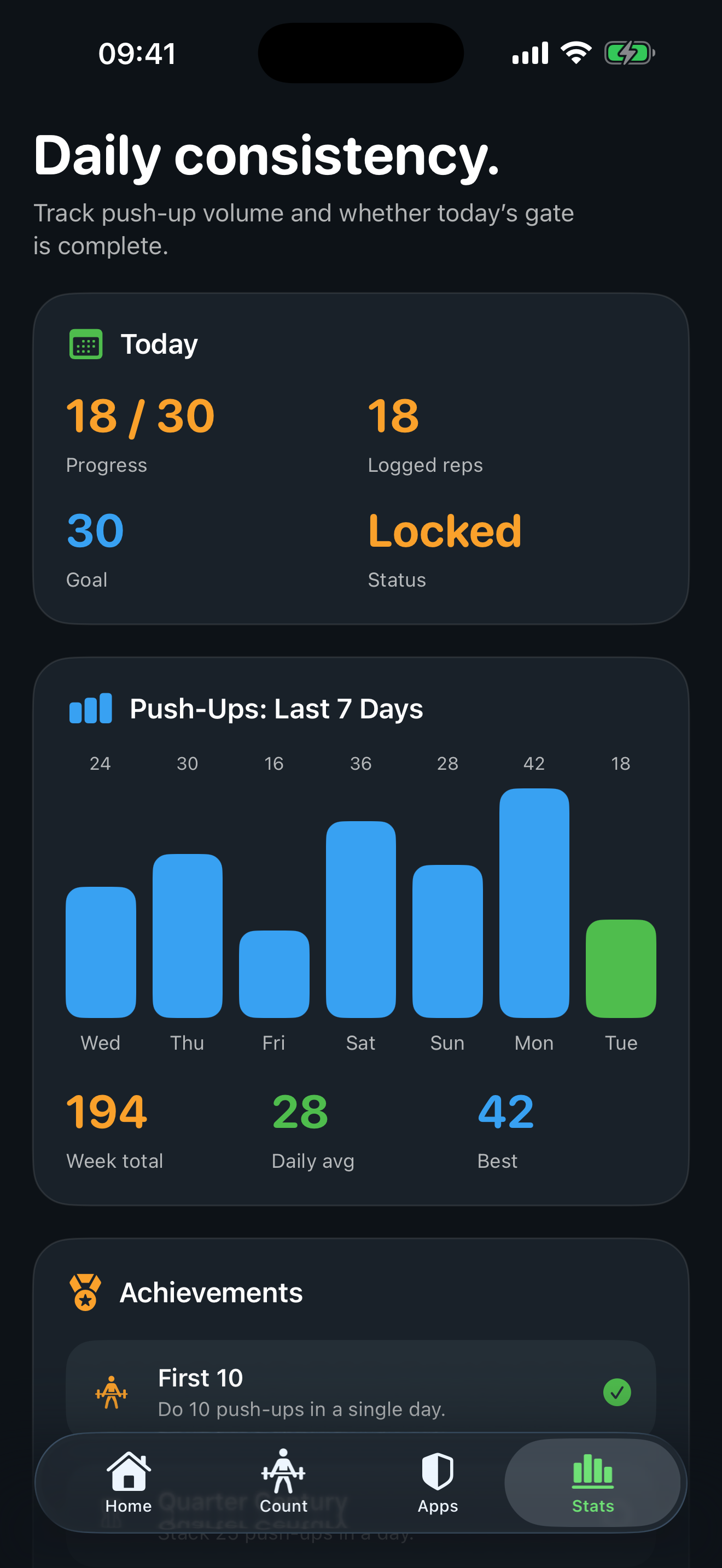 ScreenAttack stats screen showing recent push-up progress